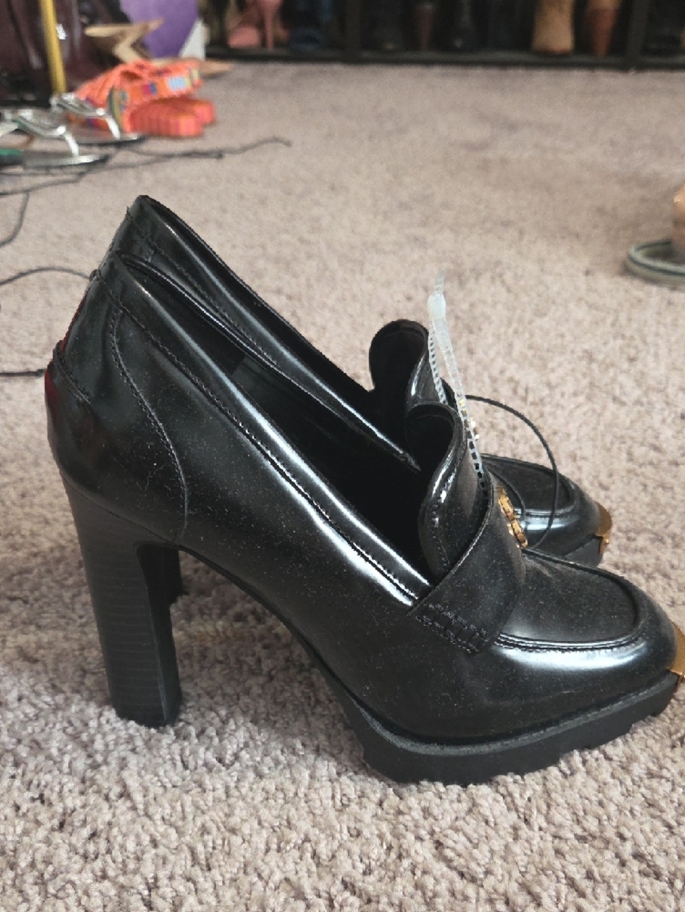 Karl Lagerfeld Black Patent Loafers with Gold Accents - Picture 2 of 10